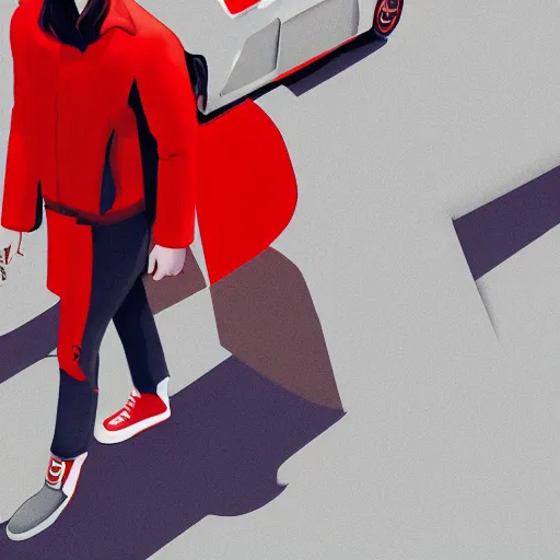 Image similar to man with a red jacket. walking towards a red futuristic racing motorbike on a wide road. isometric isometric view, wide angle, pencil drawing, photo realistic, hyper realistic, dramatic lighting, cyberpunk, ultra detailed, sharp focus, digital illustration, trending on artstation