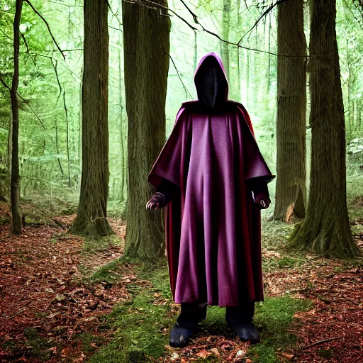 Image similar to medieval cloak wearing lizard human, photograph captured in the woods