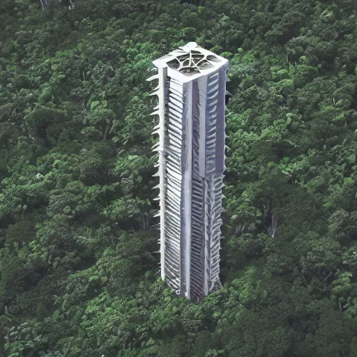 Prompt: A brutalist tower in the middle of a tropical jungle, by Brick Visual, by Luxigon, trending on Artstation