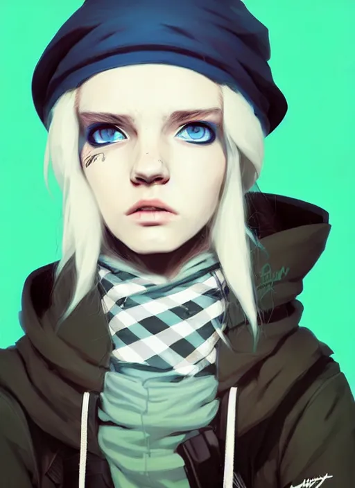 Image similar to highly detailed portrait of a sewer punk lady student, blue eyes, burberry hoody, hat, white hair by atey ghailan, by greg tocchini, gradient green, black, brown, cream and blue color scheme, grunge aesthetic!!! ( ( graffiti tag wall, plain white background ) )