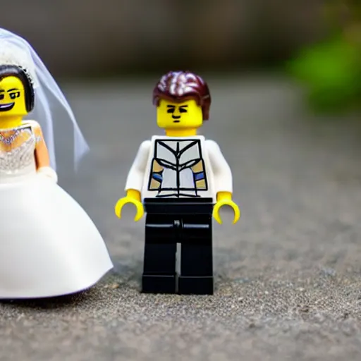 Prompt: Real grown man marrying a tiny lego woman