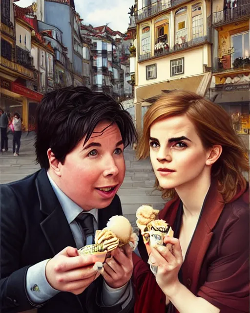 Image similar to Portrait of Michael Mcintyre & blonde Emma Watson eating ice creams in Porto,real life skin, intricate, elegant, highly detailed, artstation, concept art, smooth, sharp focus, art by artgerm and greg rutkowski and alphonse mucha