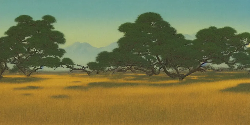 Prompt: painting of the savannah at golden hour by kitano tsunetomi, 1 9 3 9