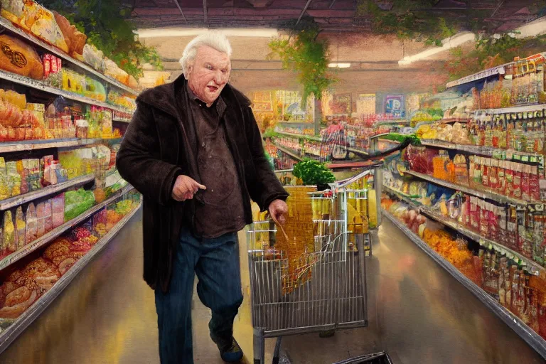 Image similar to john madden as a contestant on supermarket sweep, old elder expressive male face, grocery store, ethereal details, night, cinematic lighting, hyper - detailed, maximalist, trending on artstation, cgsociety, 8 k, high resolution, in the style of faiza maghni, david ligare, flora borsi, daniel gerhartz, elena masci