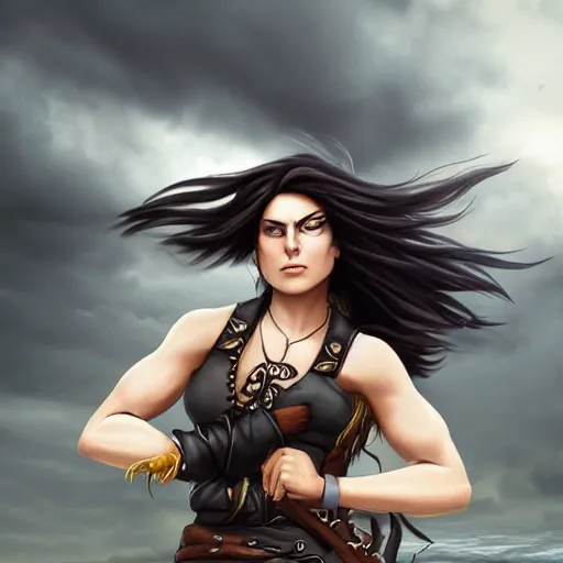 Prompt: a strong young pirate woman in a sleeveless vest, mid twenties, angry, black lines running up her arms like veins, fighting, storm clouds in the background, long dark hair, character art, full body art, Dungeons and Dragons, D&D, trending on artstation, artgerm, 4k ultra hd, sharp focus, digital art by Ilya Kuvshinov and Ross Tran,