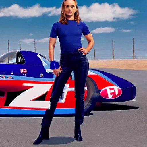 Prompt: photo of Natalie Portman inside video game F-Zero standing next to the Blue Falcon racing machine, fine art photography