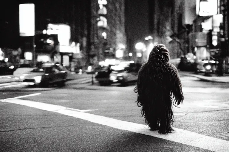 Prompt: photo of chewbacca crossing a street in nyc at night, cinestill 8 0 0 t, 8 5 mm f / 1. 8