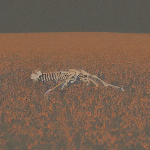 Prompt: risograph of a skeleton in a field