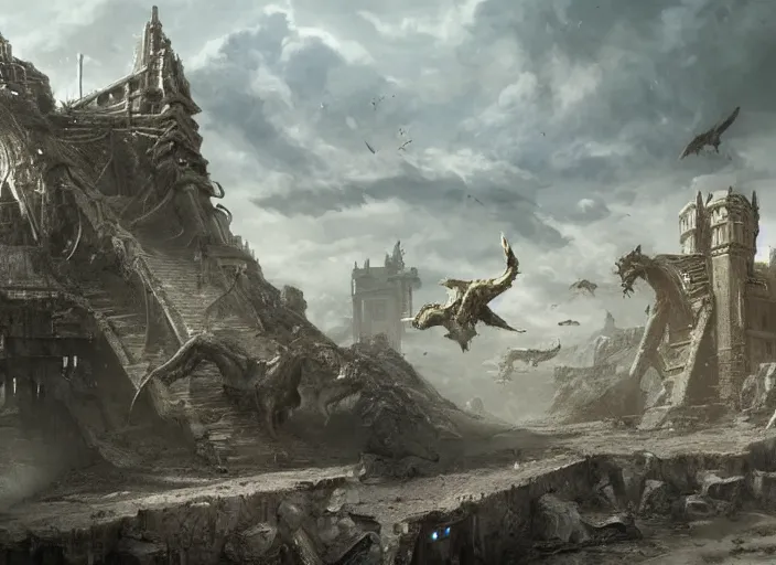 Image similar to a land outside of time and space with floating sands and flying beasts and zombie huge wolves with a Fort in the middle and water tunnels below and a gate to another dimension a man standing watching over ,digital art,realistic,detailed,art by greg rutkowski