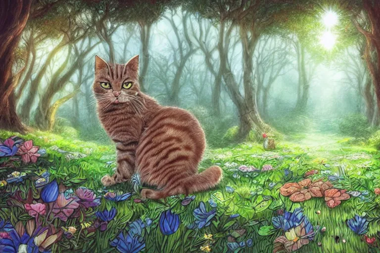 Image similar to a cat in a forest, highly detailed, digital art, trending on artstation, backlighting, by kawacy, by wayne mclouglin, by don bluth, by ken sugimori, by louis wain, fan art