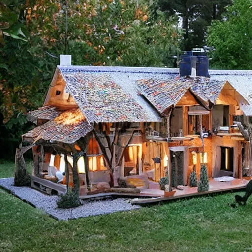 Image similar to house made of chainsaw parts drawn like a patent drawing