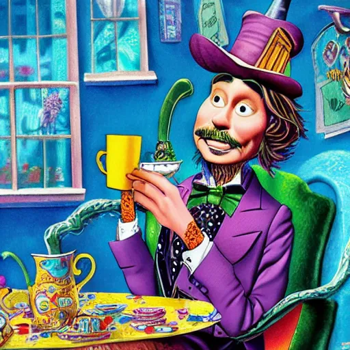 Image similar to whimsical pixar Johnny Depp drinking tea in alice in wonderland Willy Wonka's Chocolate Factory, Illustration, Colorful, insanely detailed and intricate, super detailed, by Lulu Chen