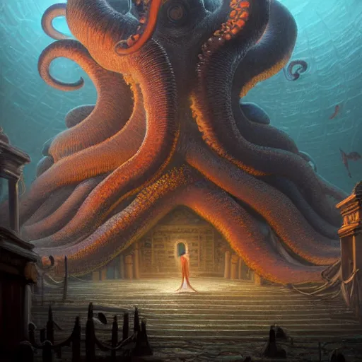 Prompt: an ancient library of knowledge is guarded by a giant octopus, underwater, matte painting, coral reef, submecanophobia, fantasy, intricate, elegant, digital painting, trending on artstation, concept art, sharp focus, illustration by greg rutkowski, greg gurney and shaun tan, 4 k.