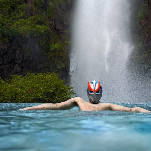 Image similar to a realistic photo of an ultraman swimming in a waterfall in the mountain