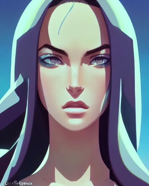 Image similar to azctec queen, megan fox, gemstone forehead, detailed perfect face, exquisite details, fire magic, mid view, design on a white background, by studio muti, greg rutkowski makoto shinkai takashi takeuchi studio ghibli