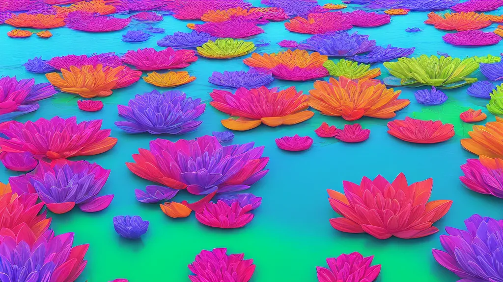 Prompt: digital illustration of a lake full of multi - colored megaflora lotus flowers by dr. seuss, reimagined by ilm and beeple : 1 | spectral color, electric color, rolling hills : 0. 9 | fantasy : 0. 9 | unreal engine, deviantart, artstation, hd, 8 k resolution : 0. 8