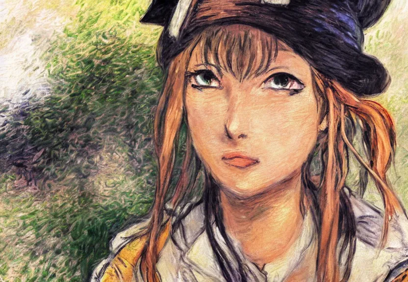 Image similar to wide angle close - up painting of a female pirate, a thrifty uniform, somewhat of an anime in impressionist style, trending artwork, illustrated in anime painter studio, by claude monet and an anime artist, collaboration