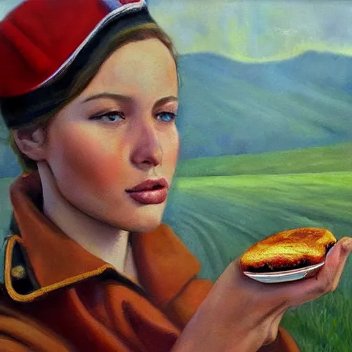 Image similar to high detail portrait oil painting illustration of beuatiful girl as soviet red army soldier eating hot baked bun, in khaki ww 2 tunic, no hat, by justin sweet with face and body clearly visible, in a scenic background, pupils visible, realistic proportions, artstation trending, high quality, sombre mood, artstation trending, muted colours, entire person visible!