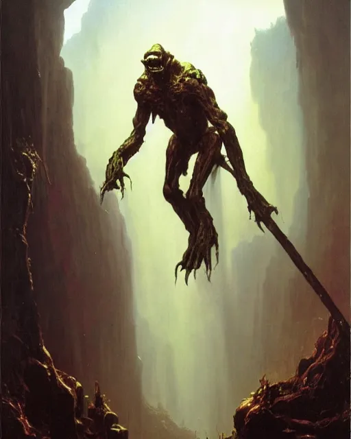 Prompt: A hobgoblin. He has a very menacing expression. he is standing in a cave. Award winning oil painting by Thomas Cole and Wayne Barlowe. Highly detailed