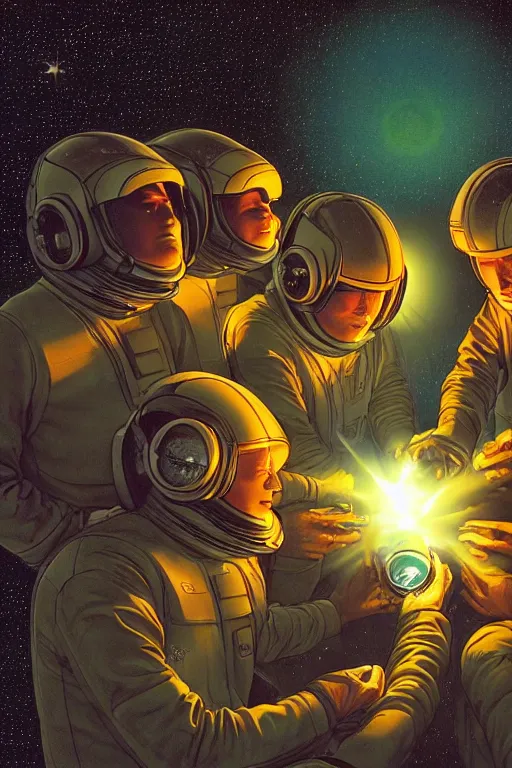 Image similar to an illustration of the crew of a spaceship are huddled over a glowing console, by barclay shaw