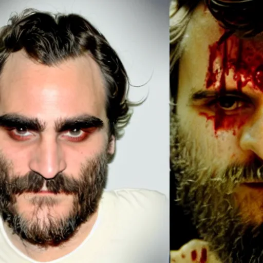 Image similar to joaquin phoenix with a crazed look and blood dripping from his face