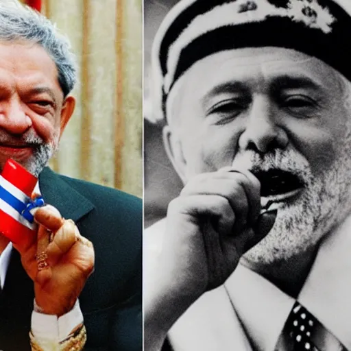 Image similar to lula da silva smoking a cigar with putin, soviet paraphernalia, 4k