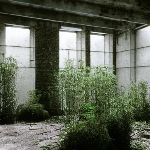 Prompt: an abandoned room in a concrete building, overgrown plants, dreamy, overcast, by hans bellmer