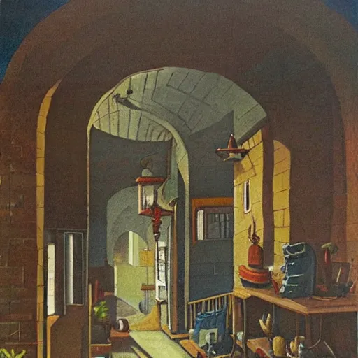 Prompt: interior of a large city, in small streets in the style of Dorning Rasbotham, English artist and writer, surrealist