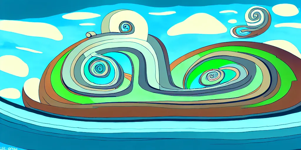 Prompt: chubby spiral shape cartoon concept art, ship port, from lorax movie, black blue green, spiral clouds, sam and max