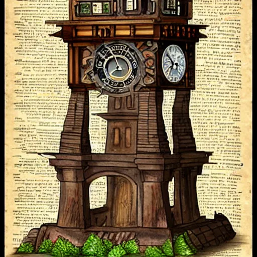 Prompt: the impossible clock tower, steampunk, parchment