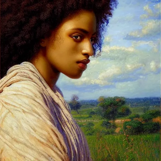 Image similar to east african woman with curly hair, dark skin, beautiful face, solid backdrop, simple, fedosenko roman, j. w. godward, jose miguel roman frances, intricate details, countryside, dreamy, impressionist, figurative