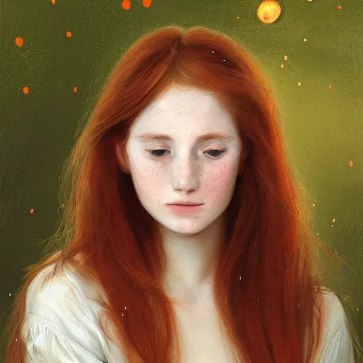 Prompt: portrait of a red haired girl, long hair, green eyes, hint of freckles, beautiful round face, soft amazed smiles, among golden fireflies, highly detailed, deep focus, elegant, digital painting, smooth, sharp focus, golden ratio, illustration, ultra realistic, 8 k, art by elisabeth vigee le brun