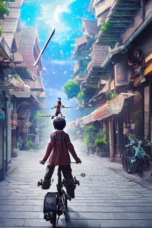 Image similar to ultra detailed keyart of sci - fy movie, a boy carrying a sword in his back is riding a simple bycycle in the main street of isekai shinjuku