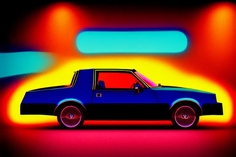 Prompt: stylized poster of a single 1 9 8 6 buick grand national, thick neon lights, ektachrome photograph, volumetric lighting, f 8 aperture, cinematic eastman 5 3 8 4 film