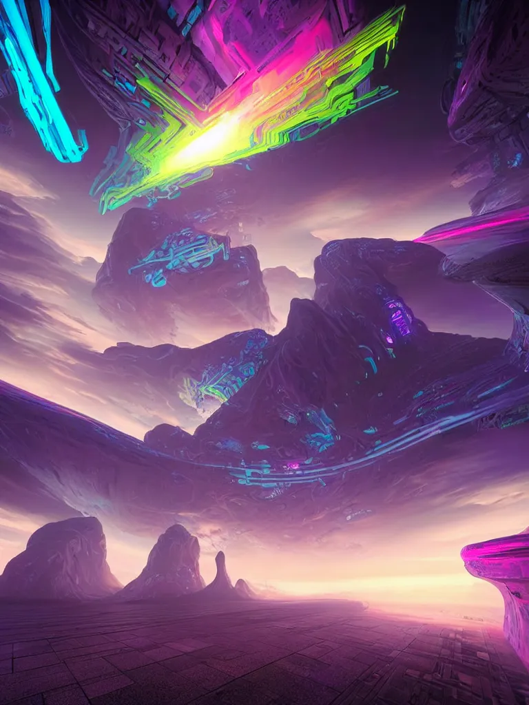 Prompt: entrance to ethereal realm, rendered in unreal engine, central composition, symmetrical composition, dreamy colourful cyberpunk colors, 6 point perspective, fantasy landscape with anthropomorphic!!! terrain!!! in the styles of igor morski, jim warren, and rob gonsalves, intricate, hyperrealistic, volumetric lighting, big sky, distinct horizon