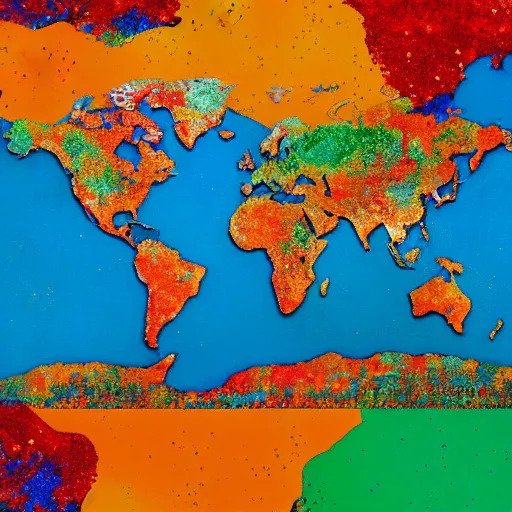 Prompt: a painting of a colorful map of the world, an album cover by Howardena Pindell, shutterstock, auto-destructive art, criterion collection, poster art, dystopian art