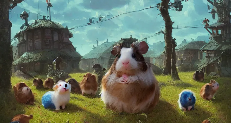 Image similar to hyper realistic cute guineapigs everywhere, by simon stalenhag, frank frazetta, greg rutkowski, beeple, yoko taro, christian macnevin, wlop and krenz cushart, epic fantasy character art, volumetric outdoor lighting, midday, high fantasy, cgsociety, cheerful colours, full length, exquisite detail, post - processing, masterpiece, cinematic