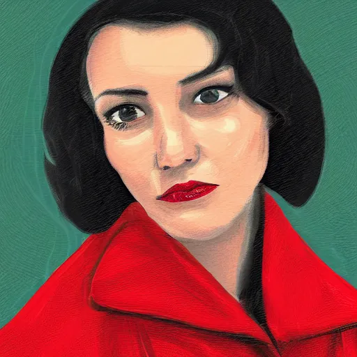 Prompt: frontal Portrait of a black haired woman with a red coat, digital painting