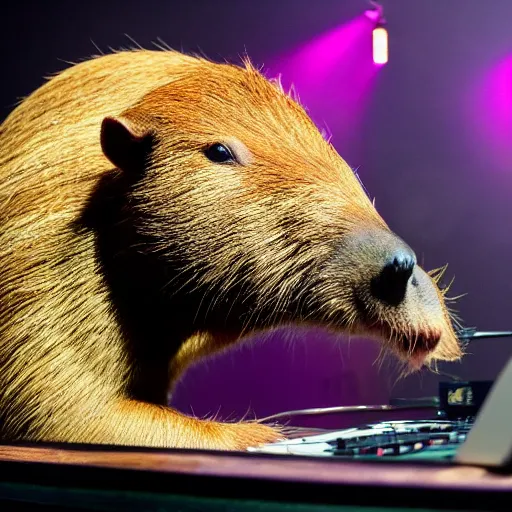 Image similar to Capybara DJing at a club, HD photograph, award-winning