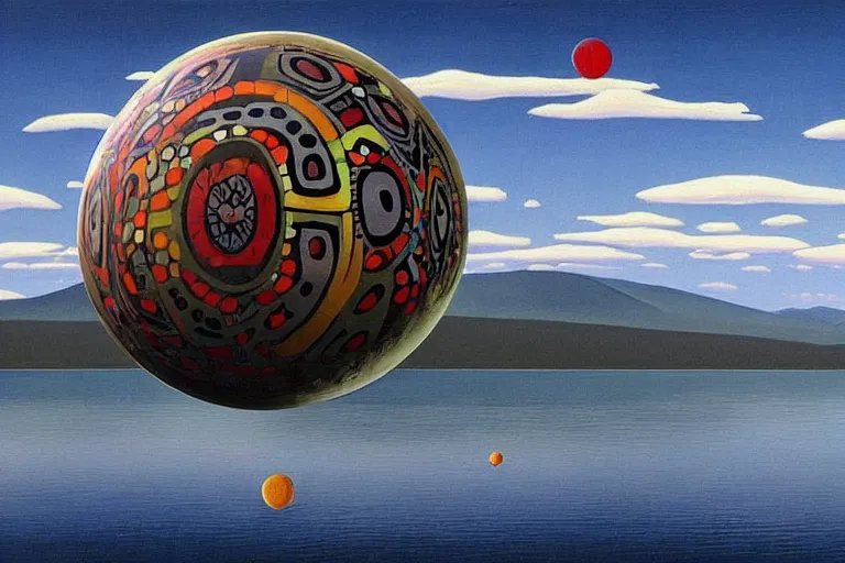 Prompt: a giant ((((metallic)))) floating sphere covered in canadian colorful aboriginal patterns!! hovering above a Yukon lake, (painted by Ralph McQuarrie), matte painting, very detailed, 7000 K, concept art