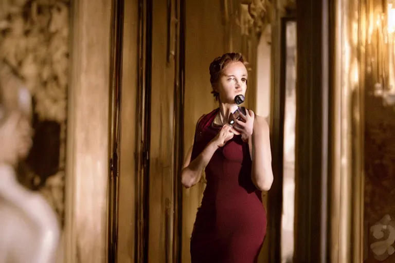 Image similar to cinematography closeup portrait of a beautiful lady cop talking to her shoulder radio in an decadent mansion foyer by Emmanuel Lubezki