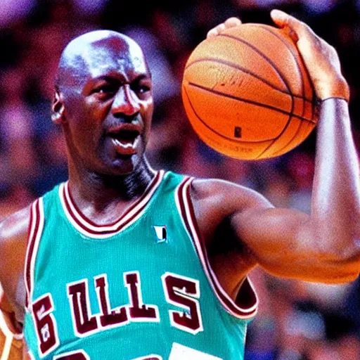 Image similar to michael jordan wearing clown hair playing basket