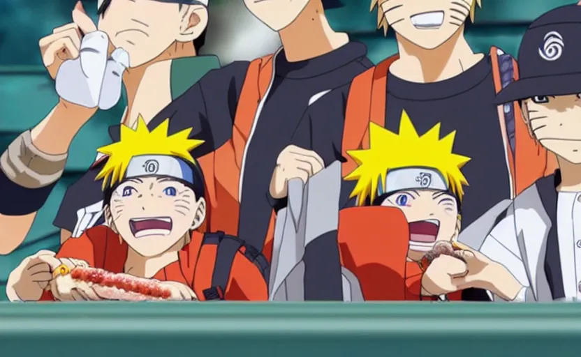 Prompt: Naruto enjoying a hot dog at a baseball game, anime scenery