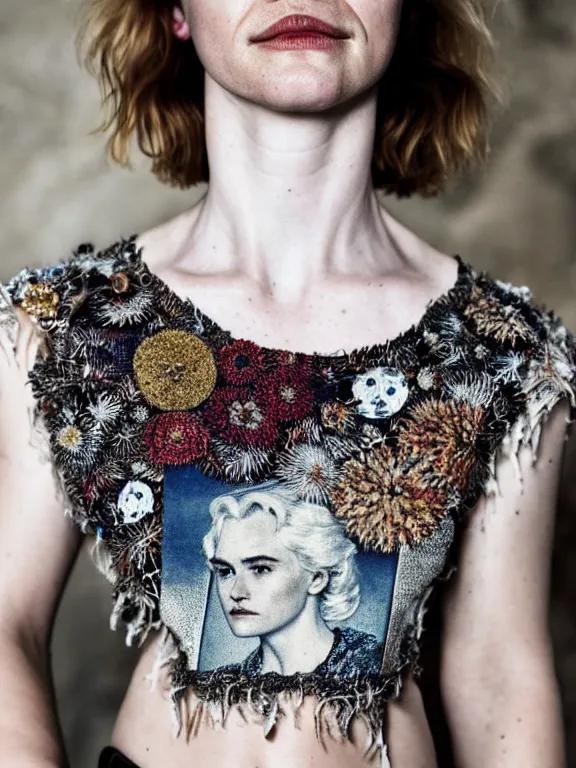 Image similar to hyperdetailed close shot of daisy edgar - jones, winds of winter, with ripped crop t - shirt intricate ornaments, fine - face, pretty face