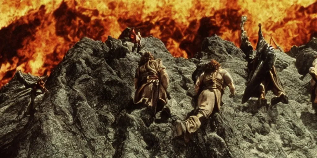 Prompt: film still of the three stooges climbing mount doom in the return of the king, hd 4 k lord of the rings remaster director's cut
