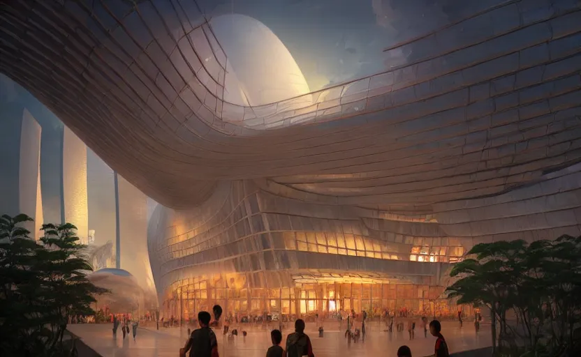 Image similar to singapore pavillion exterior at the next world expo designed by gensler, elegant atmosphere, glowing lights, highly detailed, digital painting, artstation, concept art, smooth, sharp focus, illustration, art by wlop, mars ravelo and greg rutkowski