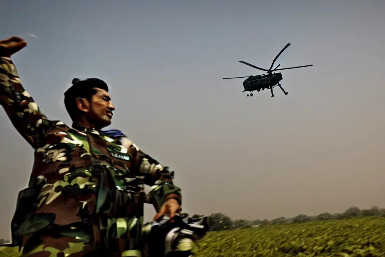 Image similar to closeup portrait of bangladesh army commander jumping from a helicopter, cinematic shot, motion still, atmospheric