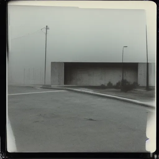 Image similar to an impossibly complex concrete structure, foggy, dark, old polaroid, expired film,