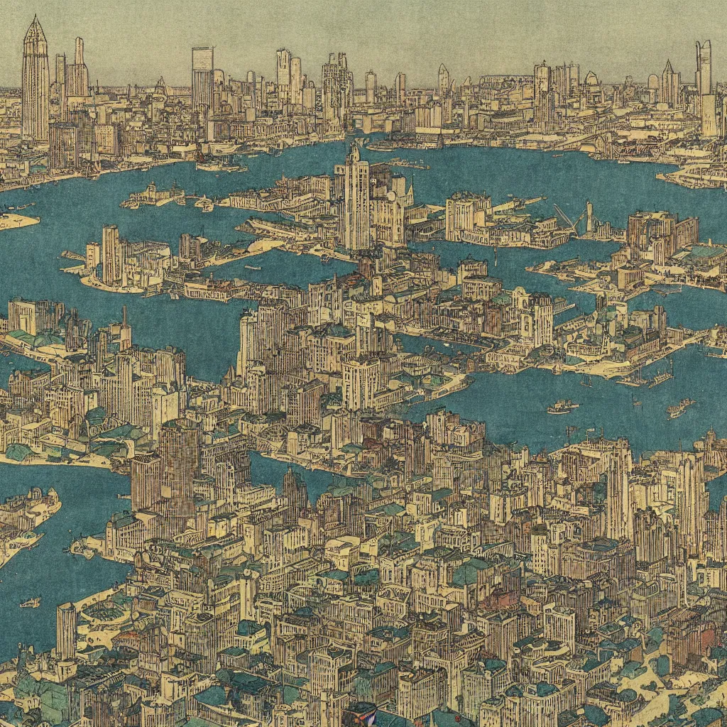 Image similar to highly detailed illustration of the milwaukee skyline, by edmund dulac and android jones, scans from museum collection