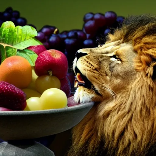 Prompt: Lion roaring at bowl of fruit